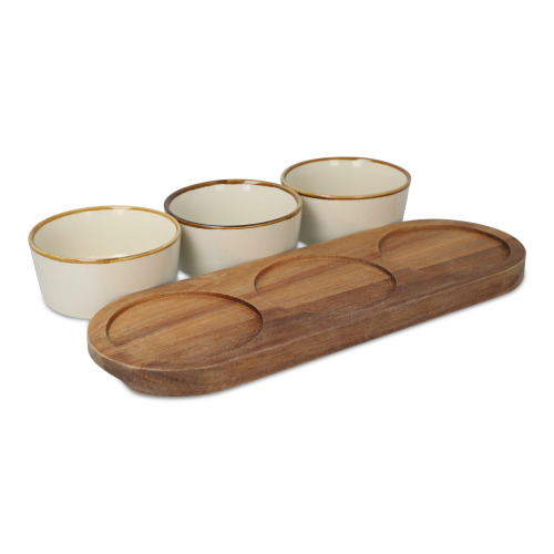 InSideOut Drewniany stojak z 3 ceramicznymi okrągłymi miskami Ecru LT57208-N0054 (2)