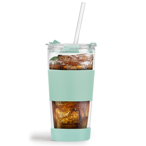 Kubek termiczny szklany ze słomką 600 ml Miętowy VD30428 