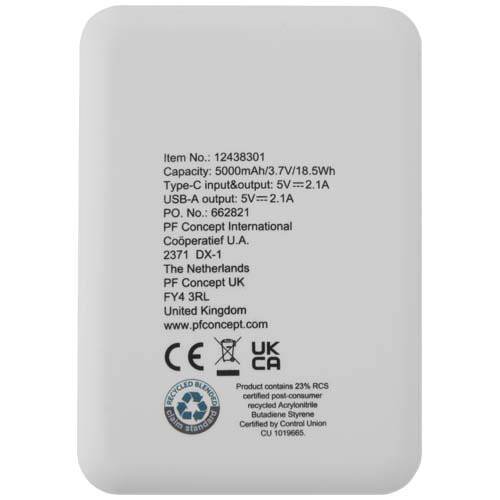 Asama powerbank o pojemności 5000 mAh Type-C z tworzyw sztucznych pochodzących z recyklingu Biały 12438301 (4)