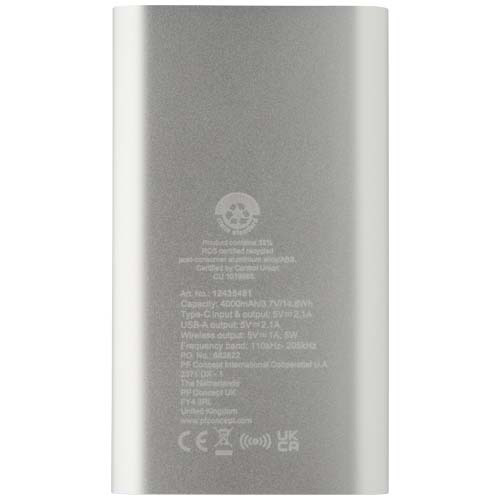 Juice bezprzewodowy powerbank o pojemności 4000 mAh Type-C z aluminium pochodzącego z recyklingu  Srebrny 12438481 (4)