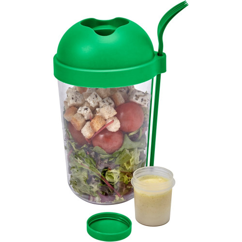 Pudełko śniadaniowe 950 ml, pojemnik na sałatkę, widelec, pojemnik na sos do sałatki Zielony V7955-06 (4)