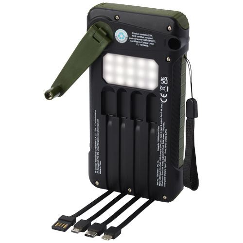 Soldy powerbank solarny o pojemności 10 000 mAh z dynamem wykonany z tworzyw sztucznych pochodzących z recyklingu z certyfika Zieleń wojskowa 12434664 (5)