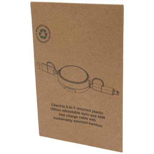Chechia zwijany kabel do synchronizacji danych i szybkiego ładowania 5 w 1 45 W o długości 100 cm z tworzyw sztucznych pochodzących z recyklingu z detalami z bambusa Czarny 12441990 (2)
