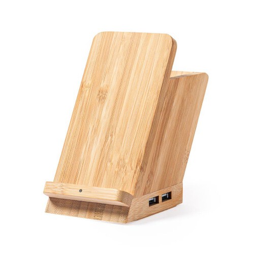Bambusowa ładowarka bezprzewodowa 5W, 4 porty hub USB 2.0, pojemnik na przybory do pisania, stojak na telefon jasnobrązowy V0198-18 (2)