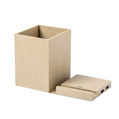 Składana ładowarka bezprzewodowa 5W z kartonu z recyklingu, hub USB 2.0, pojemnik na przybory do pisania, stojak na telefon Neutralny V0178-00 (5)