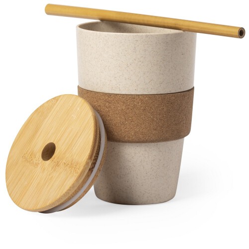 Bambusowy kubek podróżny 450 ml z wieczkiem i słomką neutralny V0886-00 (1)