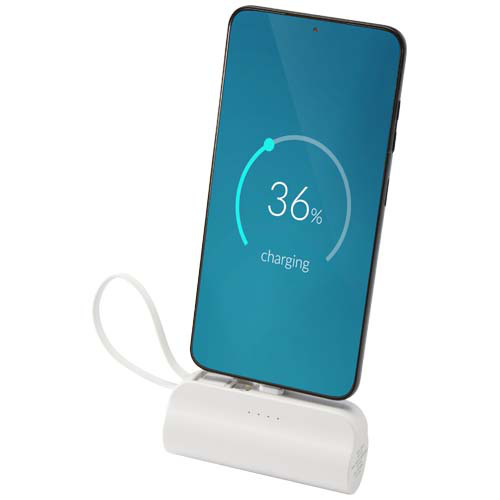Alnair powerbank o pojemności 5000 mAh i mocy 10 W, wykonany z tworzyw sztucznych pochodzących z recyklingu, z wbudowaną podstawką i kablem 2 w 1 Biały 12447201 