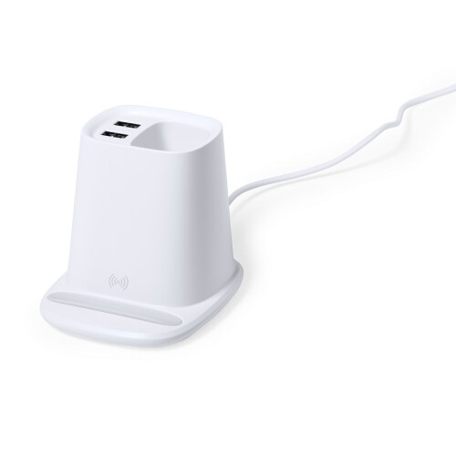 Ładowarka bezprzewodowa 5W, hub USB 2.0, pojemnik na przybory do pisania, stojak na telefon biały V0145-02 (4)