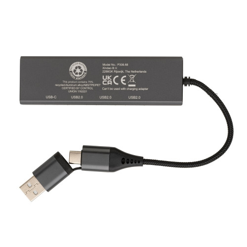 Hub USB 2.0 z USB C, aluminium z recyklingu Szary P308.682 (3)
