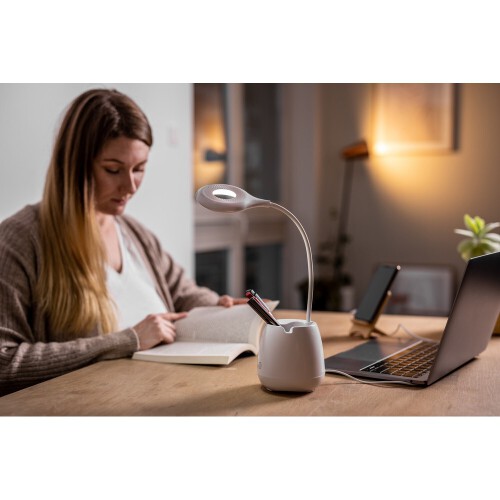 Lampka na biurko, głośnik bezprzewodowy 3W, stojak na telefon, pojemnik na przybory do pisania biały V0188-02 (12)