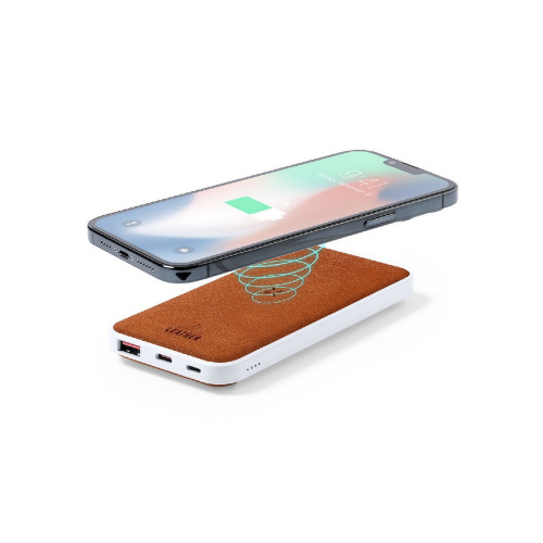 Bezprzewodowy power bank 8000 mAh z RABS, ładowarka bezprzewodowa 10W, element ze skóry z recyklingu Brązowy V1140-16 (3)