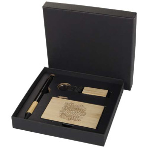 Minka zestaw upominkowy zawierający długopis wykonany z aluminium z recyklingu z certyfikatem RCS, łańcuch do kluczy oraz ramka na kartę RFID