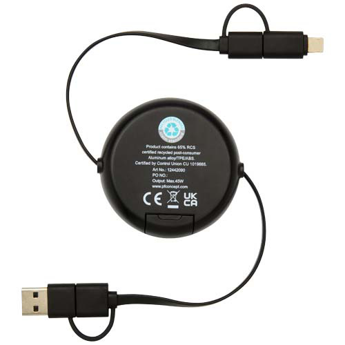 Alasia zwijany kabel do synchronizacji danych i szybkiego ładowania 5 w 1 45 W o długości 100 cm z tworzyw sztucznych i aluminium pochodzących z recyklingu Czarny 12442090 (4)