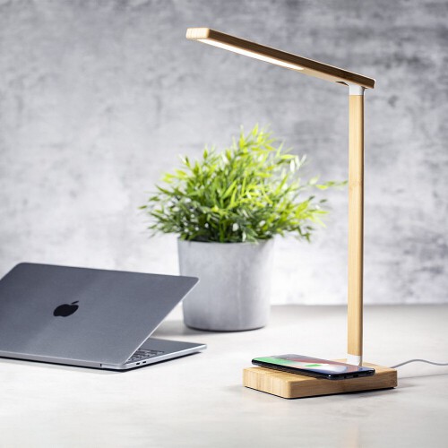 Bambusowa lampka na biurko, ładowarka bezprzewodowa 10W jasnobrązowy V8313-18 (8)