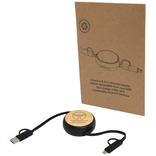 Chechia zwijany kabel do synchronizacji danych i szybkiego ładowania 5 w 1 45 W o długości 100 cm z tworzyw sztucznych pochodzących z recyklingu z detalami z bambusa Czarny 12441990 (1)