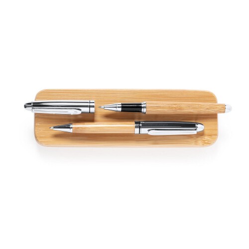 Bambusowy zestaw piśmienny, długopis i pióro kulkowe jasnobrązowy V9348-18 (2)
