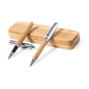 Bambusowy zestaw piśmienny, długopis i pióro kulkowe jasnobrązowy
