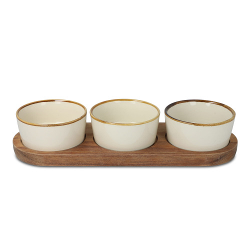 InSideOut Drewniany stojak z 3 ceramicznymi okrągłymi miskami Ecru LT57208-N0054 