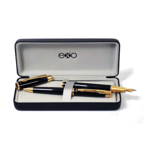 Zestaw (pióro wieczne i długopis) EXO Aries, czarny lakier, wykończenia złote, etui premium czarny