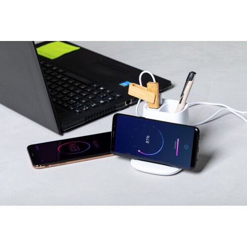 Ładowarka bezprzewodowa 5W, hub USB 2.0, pojemnik na przybory do pisania, stojak na telefon biały V0145-02 (5)