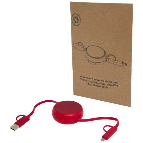 Alasia zwijany kabel do synchronizacji danych i szybkiego ładowania 5 w 1 45 W o długości 100 cm z tworzyw sztucznych i aluminium pochodzących z recyklingu Czerwony 12442021 