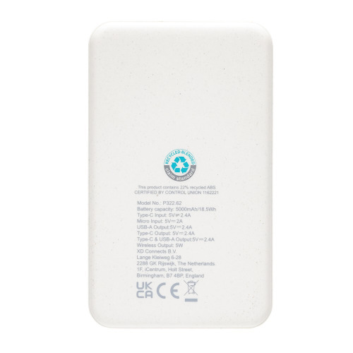Power bank 5000 mAh, ładowarka bezprzewodowa 5W Biały P322.623 (4)