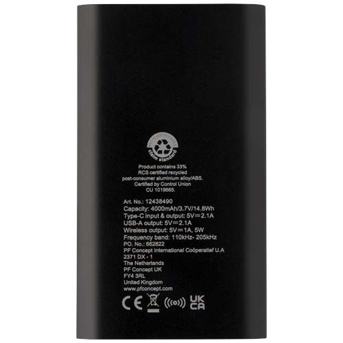 Juice bezprzewodowy powerbank o pojemności 4000 mAh Type-C z aluminium pochodzącego z recyklingu  Czarny 12438490 (4)