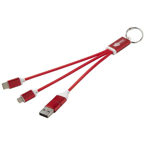 Metal kabel do ładowania 4 w 1 z aluminium z recyklingu z łańcuchem do kluczy Czerwony 12438221 (1)