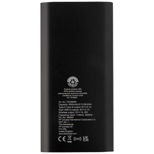 Juice bezprzewodowy powerbank o pojemności 8000 mAh Type-C z aluminium pochodzącego z recyklingu Czarny 12438590 (4)