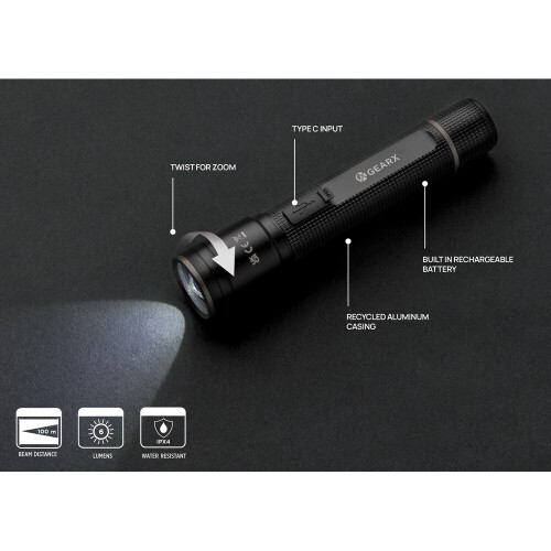 Kieszonkowa latarka Gear X, ładowana przez USB, aluminium z recyklingu czarny P513.901 (7)