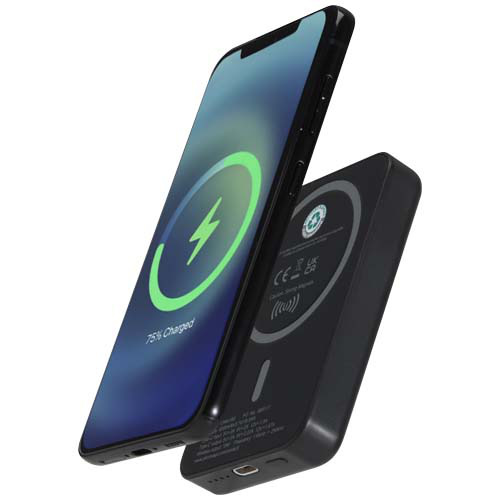 Acrab magnetyczny bezprzewodowy powerbank o pojemności 5000 mAh i mocy 15 W z technologią PD 20 W — wykonany z tworzyw sztycznych pochodzących z recyklingu. Czarny 12444190 