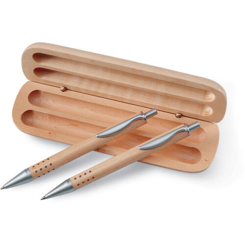 Długopis i ołówek w pudełku drewna
