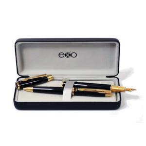 Zestaw (pióro wieczne i długopis) EXO Aries, czarny lakier, wykończenia złote, etui premium