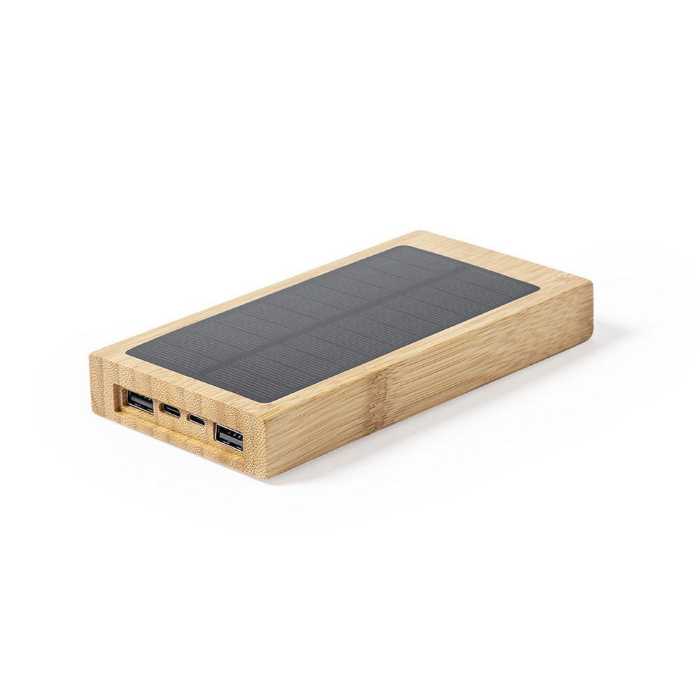 Bambusowy bezprzewodowy power bank 10000 mAh, ładowarka bezprzewodowa 5W, ładowarka słoneczna Brązowy V8335-16 (1)