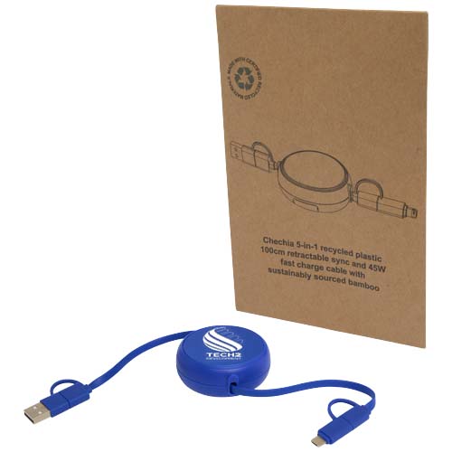 Alasia zwijany kabel do synchronizacji danych i szybkiego ładowania 5 w 1 45 W o długości 100 cm z tworzyw sztucznych i aluminium pochodzących z recyklingu Królewski niebieski 12442053 (1)