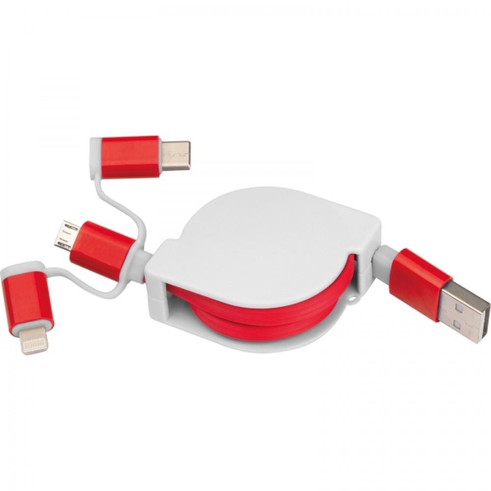 Kabel do ładowania z 3 wtyczkami rozwijany NICO Czerwony 2165205 