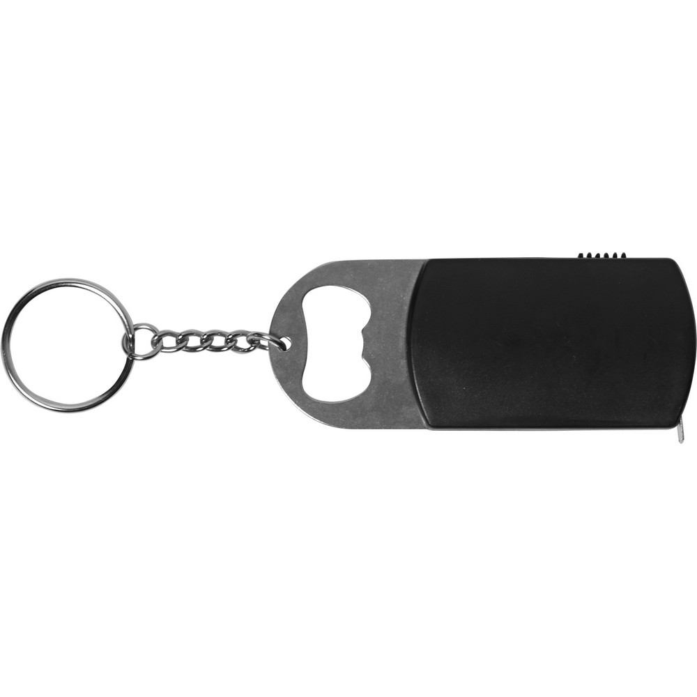 Brelok do kluczy, lampka LED, otwieracz do butelek, miara 1m Czarny V9458-03 (1)