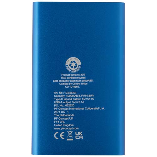 Pep powerbank o pojemności 4000 mAh Type-C z aluminium pochodzącego z recyklingu Królewski niebieski 12438053 (4)