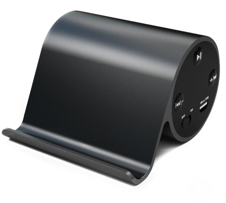 Metalowy głośnik Bluetooth ze stojakiem na telefon
A” width=