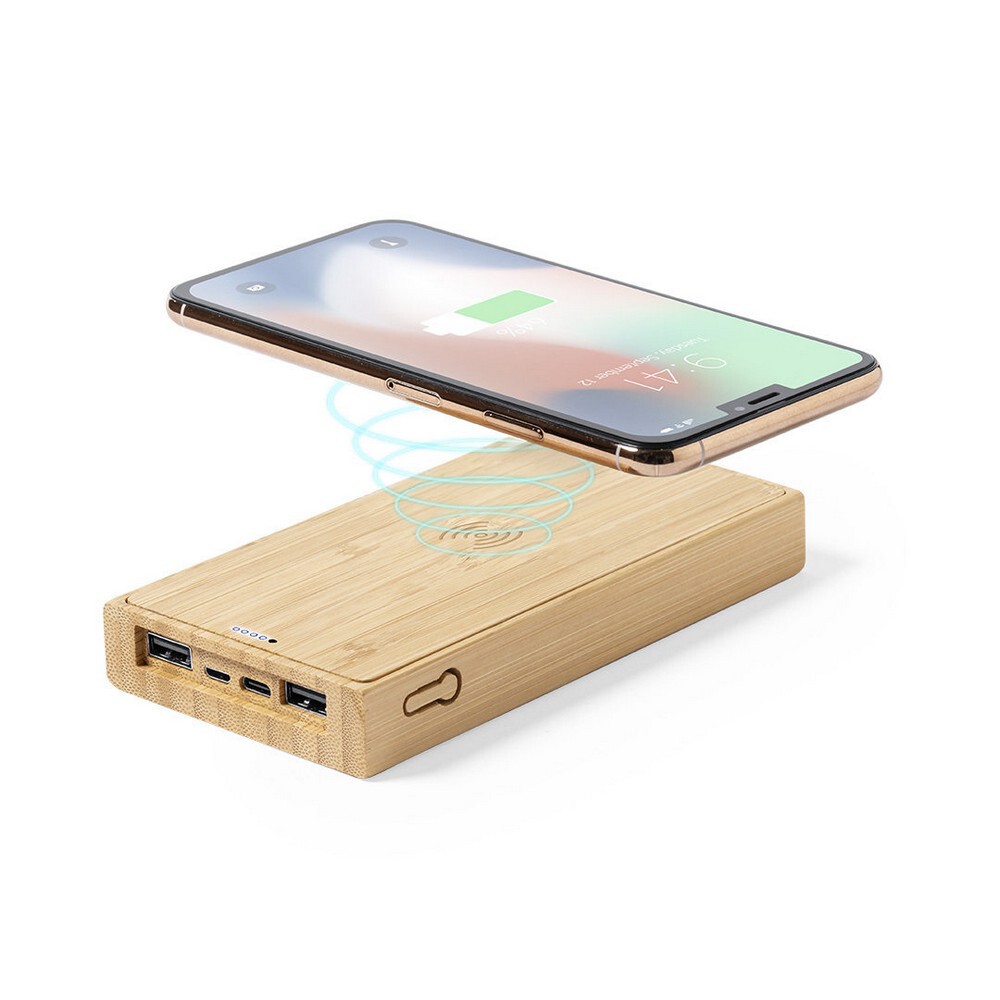 Gadżet reklamowy - Bambusowy bezprzewodowy power bank 10000 mAh, ładowarka bezprzewodowa 5W, ładowarka słoneczna