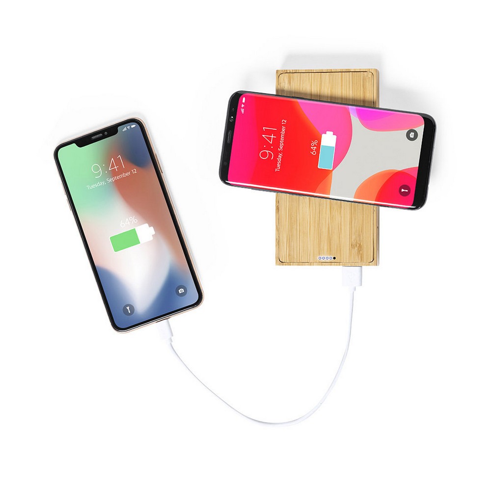 Bambusowy bezprzewodowy power bank 10000 mAh, ładowarka bezprzewodowa 5W, ładowarka słoneczna Brązowy V8335-16 (2)