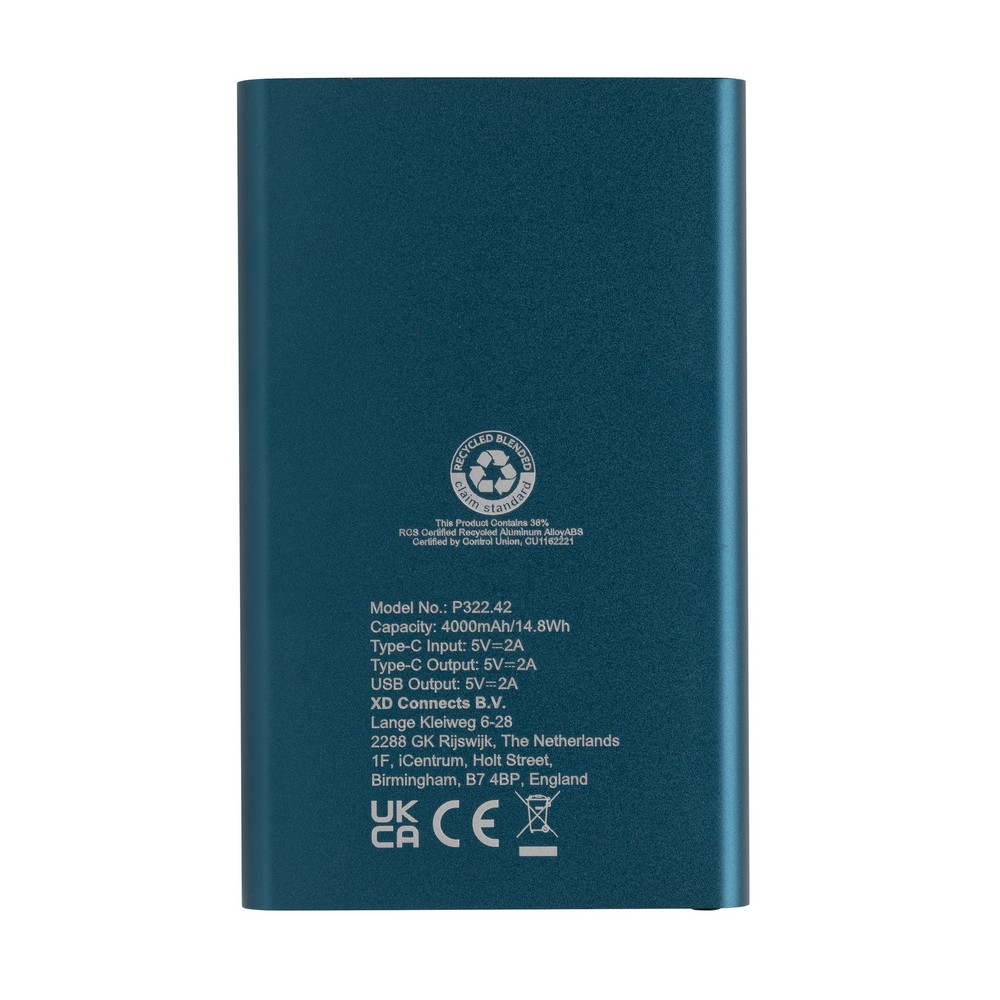 Power bank 4000 mAh z aluminium z recyklingu Niebieski P322.425 (4)