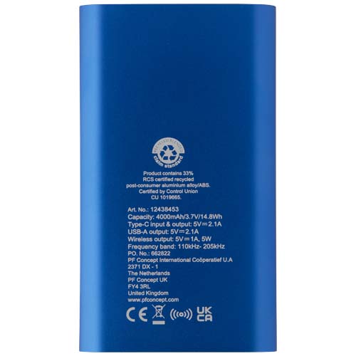 Juice bezprzewodowy powerbank o pojemności 4000 mAh Type-C z aluminium pochodzącego z recyklingu  Królewski niebieski 12438453 (4)