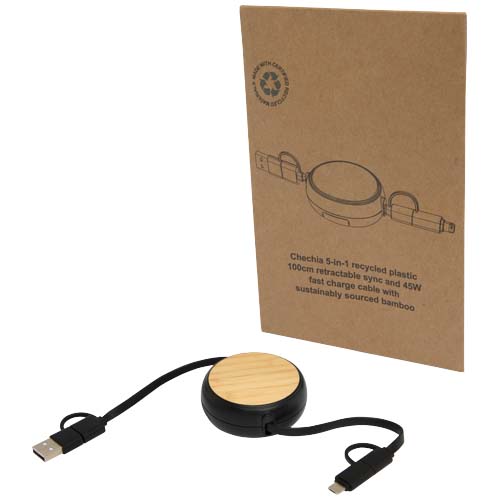 Gadżet reklamowy - Chechia zwijany kabel do synchronizacji danych i szybkiego ładowania 5 w 1 45 W o długości 100 cm z tworzyw sztucznych pochodzących z recyklingu z detalami z bambusa