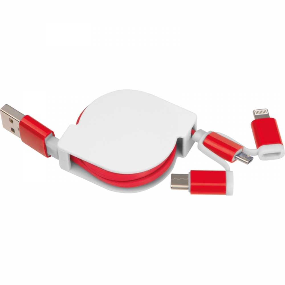 Kabel do ładowania z 3 wtyczkami rozwijany NICO Czerwony 2165205 (1)