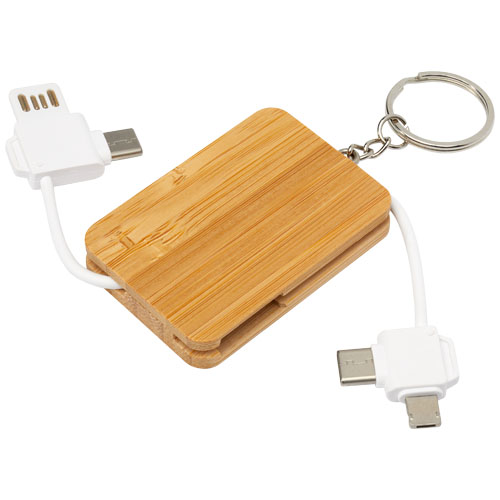 Gadżet reklamowy - Reel chowany kabel do ładowania 6 w 1 w formie bambusowego breloka
