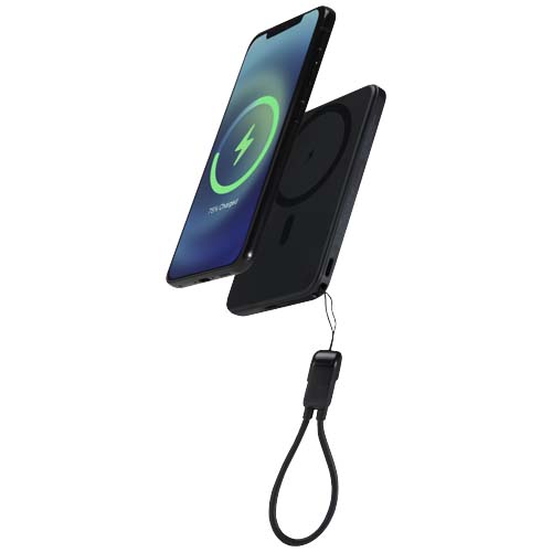 Powerbank SMART o pojemności 5000 mAh, wykonany z tworzywa sztucznego pochodzącego z recyklingu, ze smyczą na szyję Czarny 12452990 