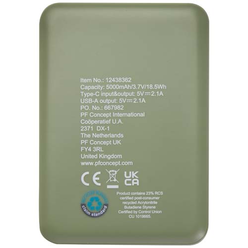 Asama powerbank o pojemności 5000 mAh Type-C z tworzyw sztucznych pochodzących z recyklingu Melanż zielony 12438362 (4)