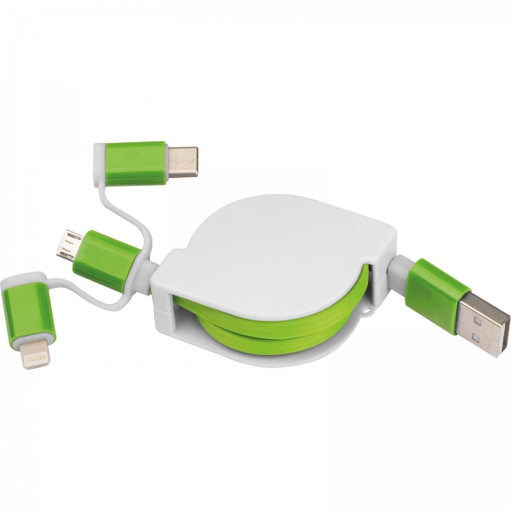 Kabel do ładowania z 3 wtyczkami rozwijany NICO Zielony 2165209 