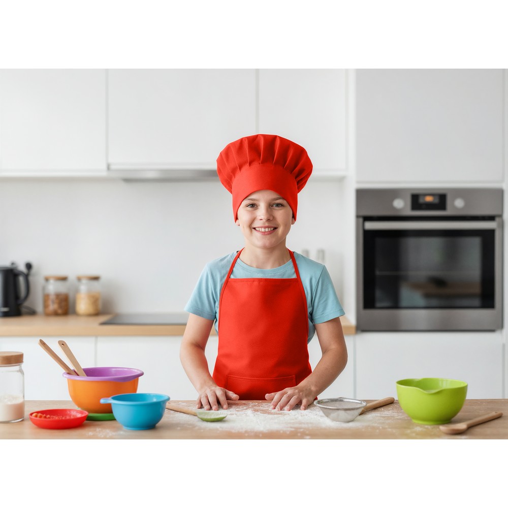 Zestaw małego kucharza, fartuch kuchenny i czapka kucharska, rozmiar dziecięcy | Nedina Czerwony VA063-05 (1)